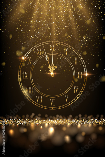 Happy New Year greeting card vector background. Gold clock face with midnight time, falling confetti, glow light effects and golden podium on black. Luxury festive vertical greeting card, banner.