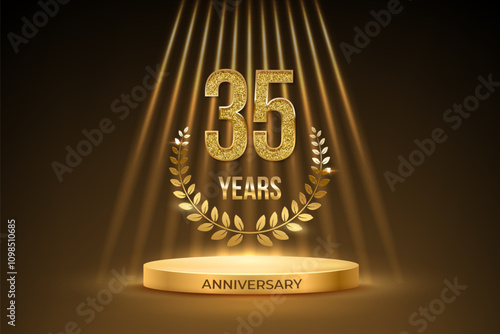 Anniversary gold award podium with glittering number 35. Thirty five years celebration birthday or jubilee golden vector background. Luxury stage with laurel wreath and glowing rays on black.