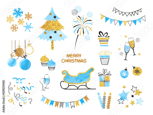 Christmas set. Collection of xmas elements for greeting card design. Vector illustration of christmas tree, gifts, balls