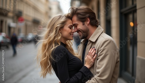 A couple stands intimately close, foreheads touching, radiating warmth and affection against a charming urban backdrop. Their playful smiles and gentle touches create an enchanting atmosphere