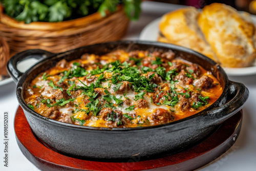 A Close-Up Of A Steaming Bowl Of Guly??s, A Quintessential Budapest Food, Topped With Fresh Parsley And Served Alongside Bread, Emphasizing Its Rich Flavors And Ingredients photo