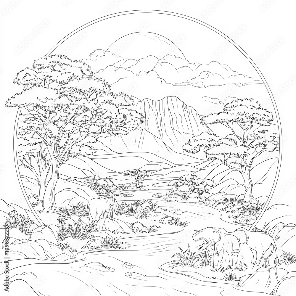 Fototapeta premium A safari with wild animals and trees, coloring page for kids, simple outline illustration. Coloring book, simple lines.