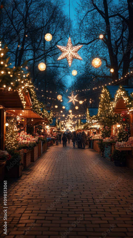 Fototapeta premium charming street in Paris during Christmas time, with twinkling lights, decorated trees, and festive market stalls, creating a cozy smartphone wallpaper.