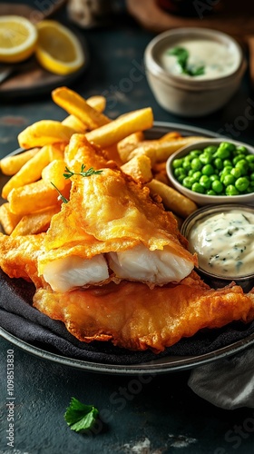 plate of crispy fish and chips, with the fish and served with tartar sauce and mushy peas
