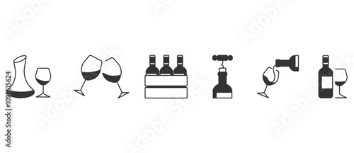 Wine Icons. Flat icons of wine and wine pairing. Flat icon set. Symbol collection in transparent background. Editable vector stroke. Eps10.