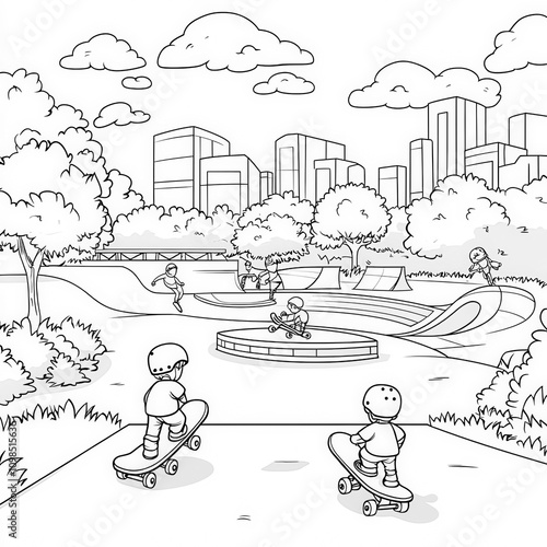 A skatepark with kids and s...