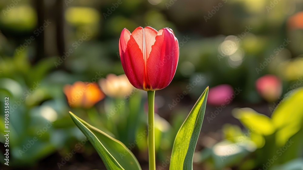 Naklejka premium Single Red Tulip Blooming In Spring Garden