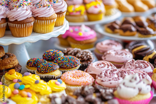 8K real photo of a colorful fundraiser bake sale table featuring a variety of delicious homemade treats, including cookies, cupcakes, brownies, muffins, pastries, and cakes, with a blurred background 