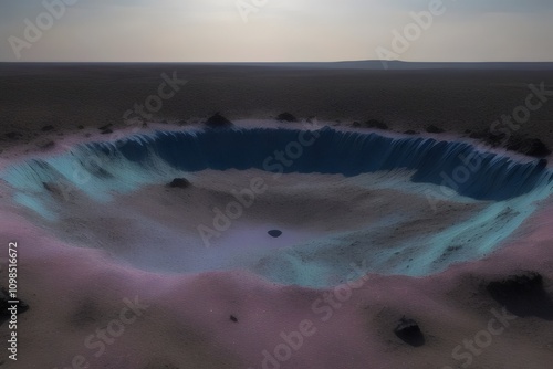 Desert landscape with an enormous impact crater , dusty blue surface give it an alien atmosphere. photo