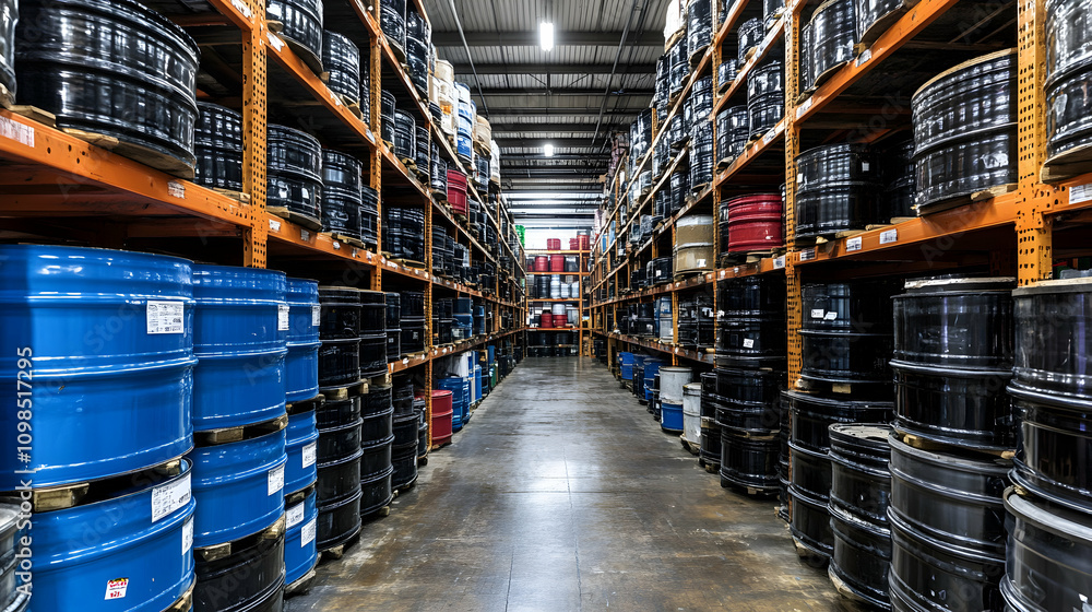 Fototapeta premium Industrial Warehouse with Stacked Barrels