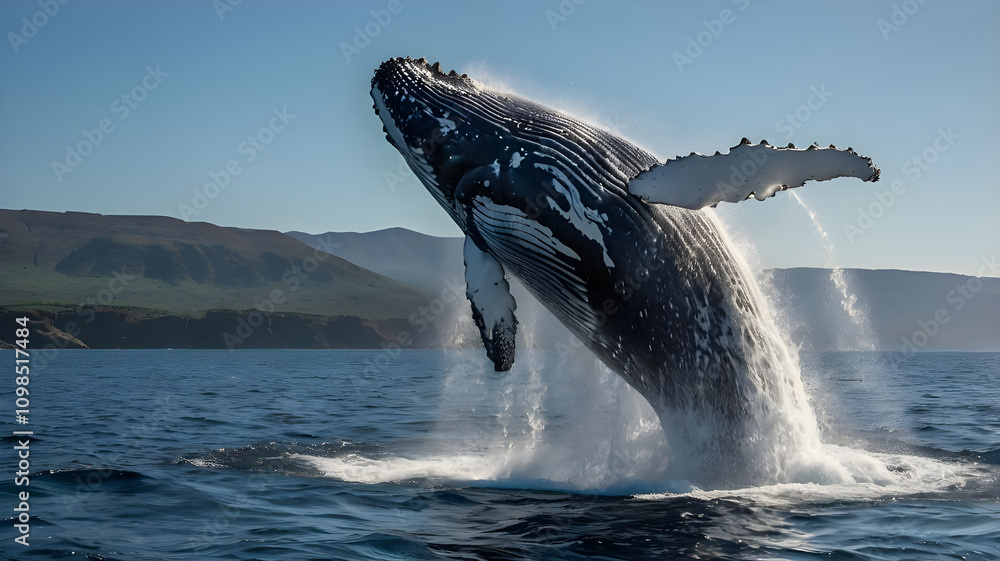 Fototapeta premium A humpback whale breaching out of the water, its massive body arcing gracefully into the air Ai