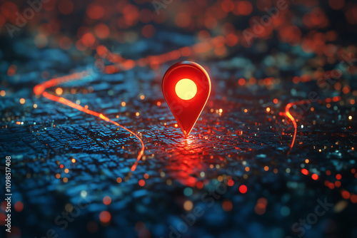 Hyper-realistic 3D rendering of a red location pin placed on an aerial map of a city, featuring a blurred background, depth of field effect, bokeh highlights, and Octane rendering in blue and dark ton