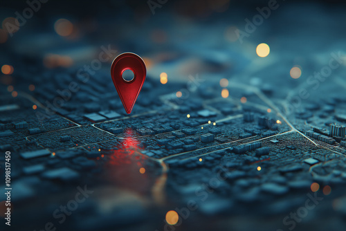 Hyper-realistic 3D rendering of a red location pin placed on an aerial map of a city, featuring a blurred background, depth of field effect, bokeh highlights, and Octane rendering in blue and dark ton