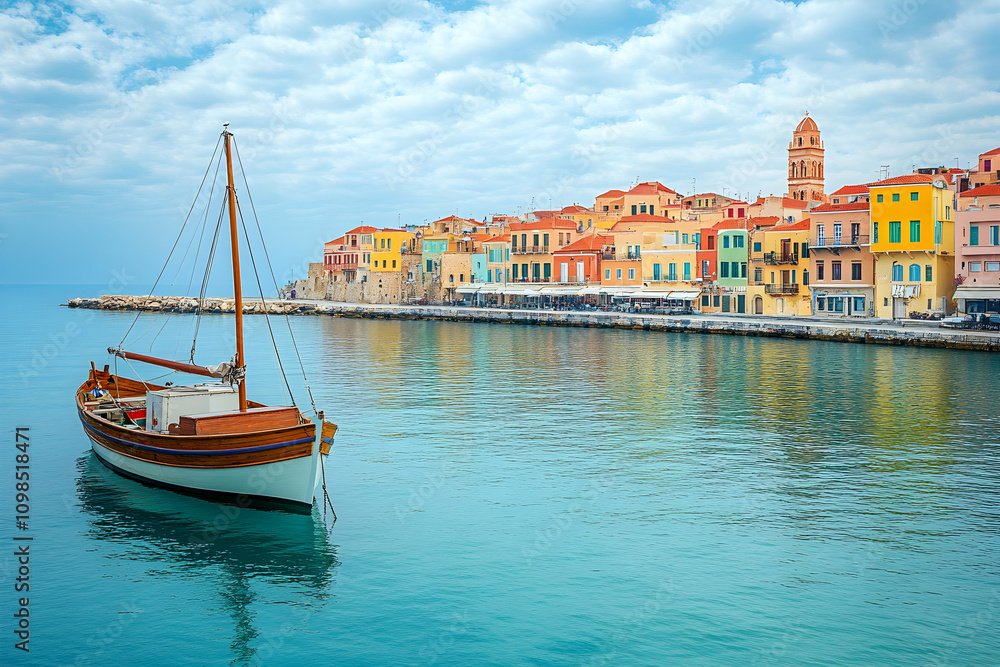 Fototapeta premium Sailboat Docked by Colorful Waterfront Town