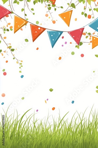 Colorful decorative bunting and grass for a festive outdoor celebration in bright daylight