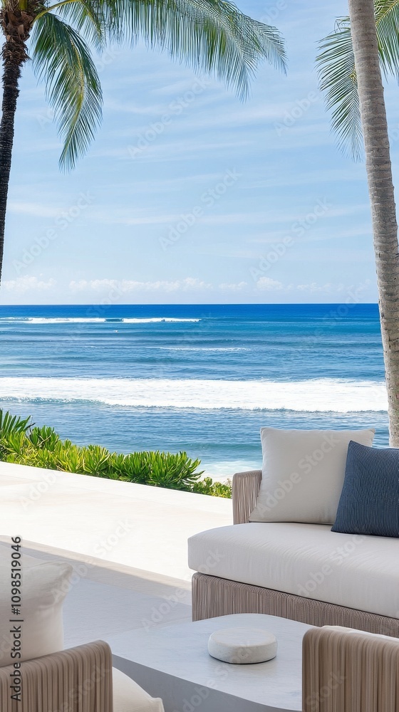 Naklejka premium Serene ocean view from a modern beachfront terrace with comfortable seating