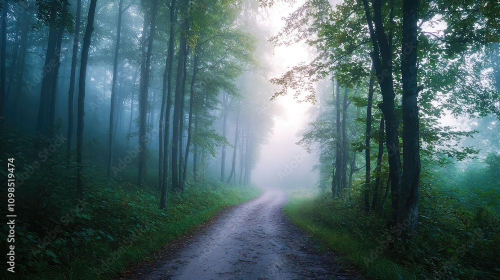 Obraz premium Serene Pathway Through Dense Fog in a Forest at Dawn, Capturing Nature's Tranquility with Soft Light Filtering Through Trees