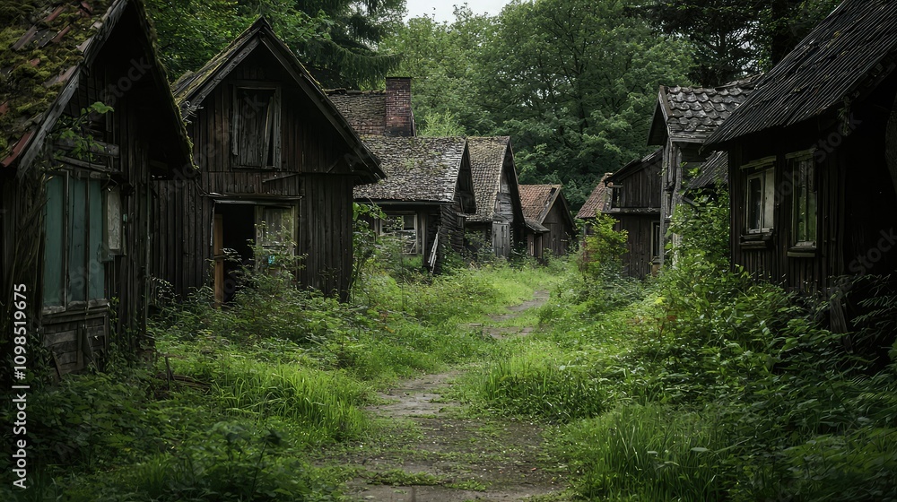 Fototapeta premium Abandoned Wooden Houses in a Remote Village Surrounded by Lush Greenery and Overgrown Pathways, Evoking a Sense of Mystery and Nostalgia