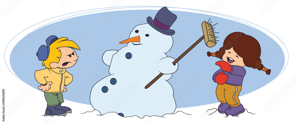 Fototapeta premium Funny snowman and two kids in winter. Funny people.