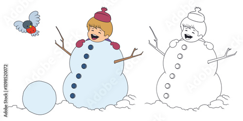 Funny boy makes a snowman in winter. Funny people.