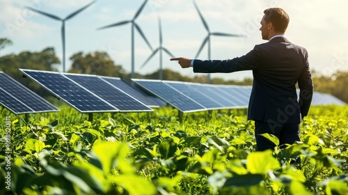 A businessman examines solar panels amid a field, with wind turbines in the background, highlighting renewable energy and sustainable agriculture.