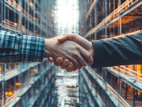 Close-up of Two Hands Shaking in a Warehouse Setting Signifying Trust and Partnership Amidst Shelves Stacked with Boxes and Sunlight Filtering Through the Structure