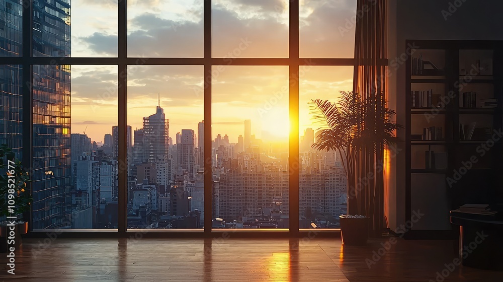 Fototapeta premium Panoramic Cityscape View from Modern Apartment Window at Sunset, Showcasing Stunning Urban Skyline and Vibrant Colors in a Contemporary Setting