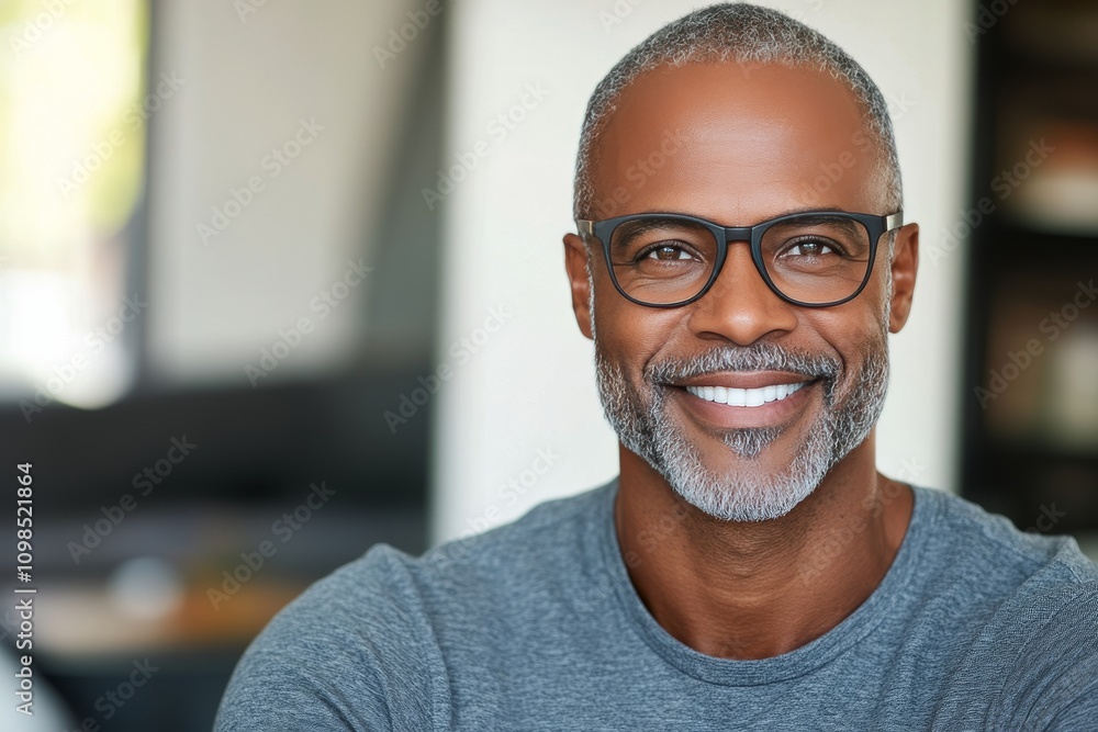 Obraz premium Smiling man with glasses in casual setting enjoying a moment of joy indoors