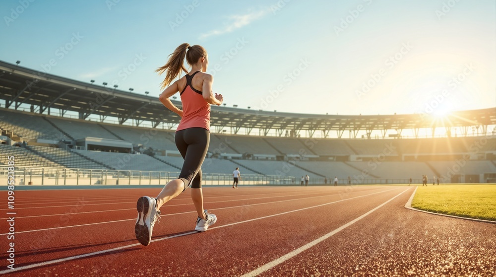 Fototapeta premium Athletic woman jogging on a running track at sunset in a stadium