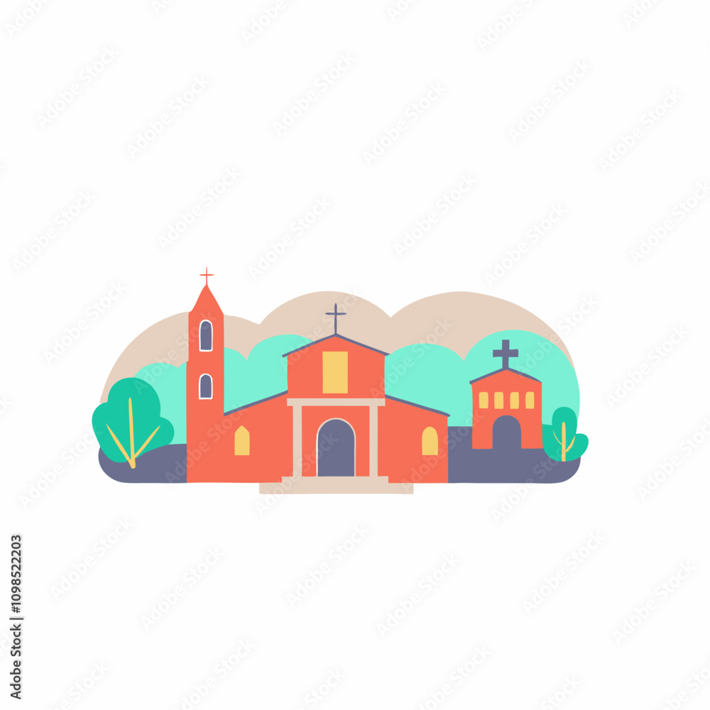 Obraz premium Colorful church buildings with crosses and trees in a serene landscape, spiritual illustration, copy space