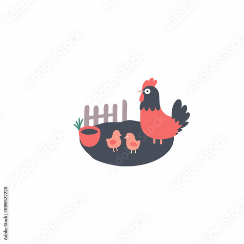 Cute hen with chicks in a farmyard setting, playful illustration on a white background, copy space