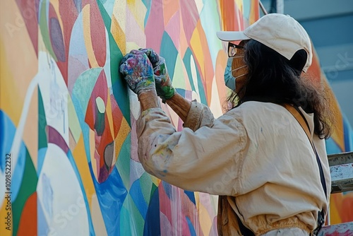 An intergenerational group of artists participating in a public art project, painting a large community mural that celebrates cultural diversity and unity. photo