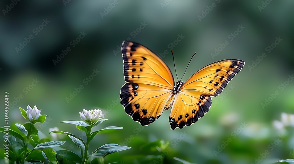 Obraz premium The vibrant orange butterfly gracefully flutters among the lush greenery of the garden, creating a mesmerizing contrast against the blurred background