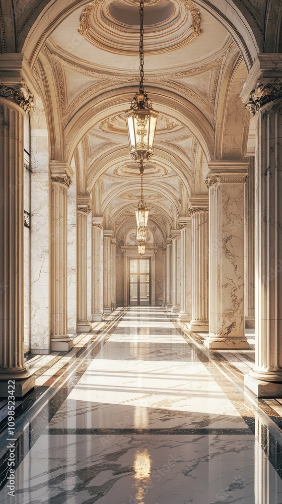 Obraz premium Elegant Old Government Building Corridor with Marble Flooring and Architectural Detailing Capturing Light through Arched Windows and Lanterns