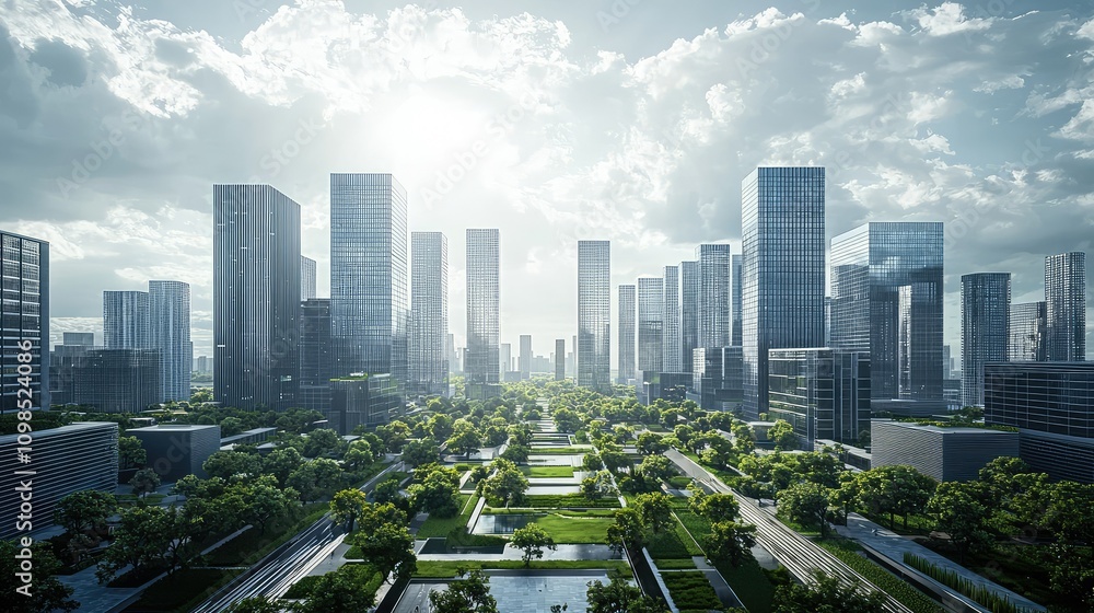 Naklejka premium A Modern Cityscape Featuring Sleek Skyscrapers Surrounded by Lush Greenery Under a Dramatic Sky in a Bustling Urban Environment