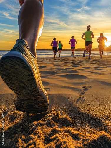 Beachside Running: Energetic Runner and Close-up views of Footsteps  in the Sand and Sunset