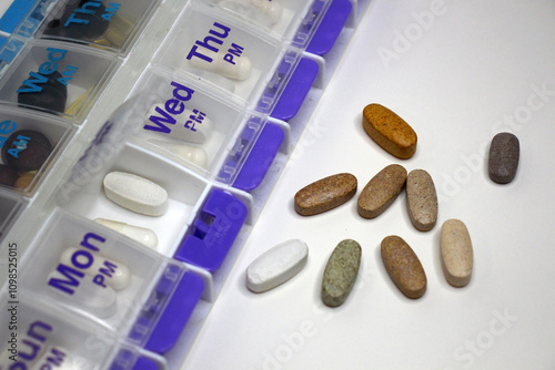 Weekly pill organizer with supplements and medications on white background.