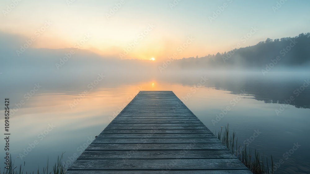 Fototapeta premium Serene Sunrise at a Lakeside Dock Surrounded by Misty Waters and a Calm Reflection, Perfect for Tranquil Nature Moments and Peaceful Scenic Views