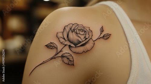 Delicate Rose Tattoo on a Womans Shoulder