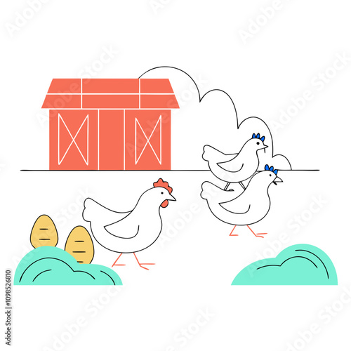 Farmyard scene with chickens, eggs, and a red barn, playful illustration, copy space