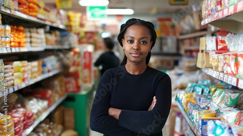 Wallpaper Mural full body of black african woman cashier sitting in his box, in a super market with Electronic payment terminal in hand, look camera and smile Torontodigital.ca