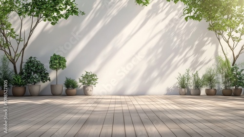 Indoor plants arranged in decorative pots on wooden floor with sunlight casting shadows