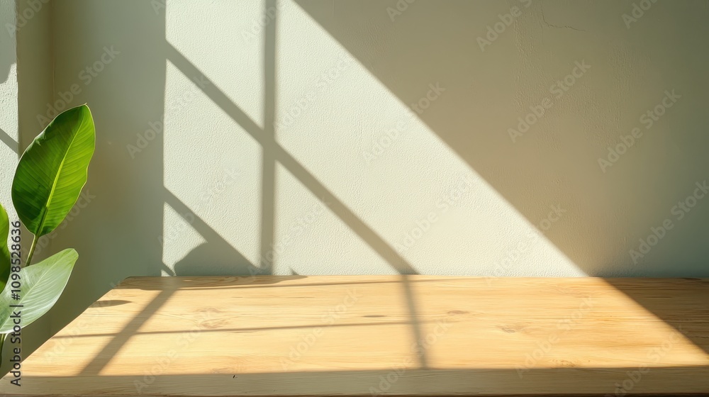 Fototapeta premium A serene indoor scene with a wooden table illuminated by natural light, featuring soft shadows and a green plant.