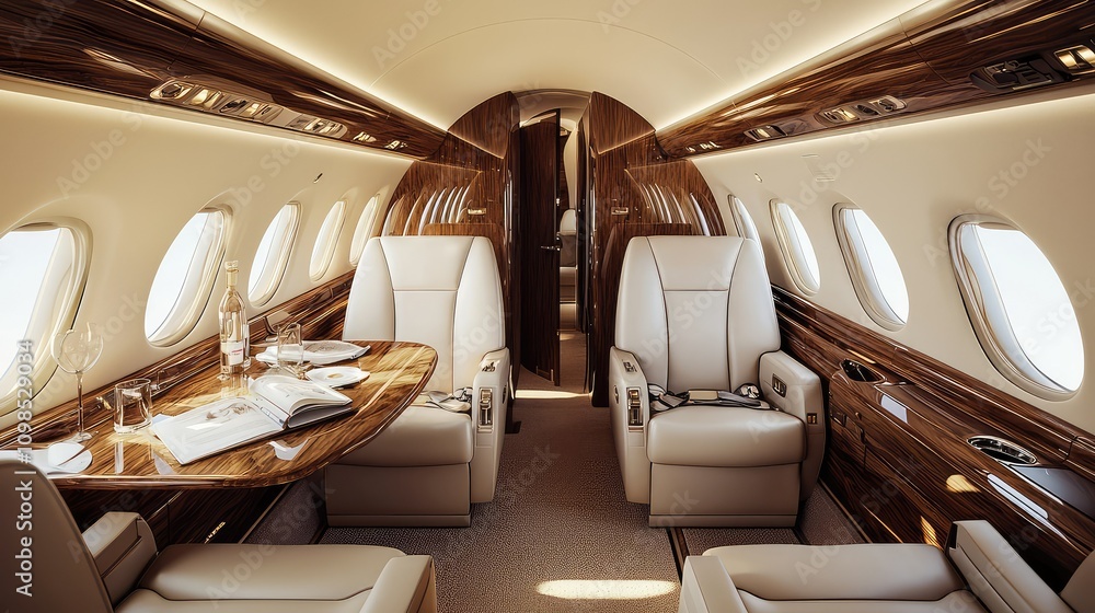 Fototapeta premium Luxurious Private Jet Interior Featuring Sleek Leather Seating and Elegant Wood Finishes Designed for Comfort and Sophisticated Travel Experience