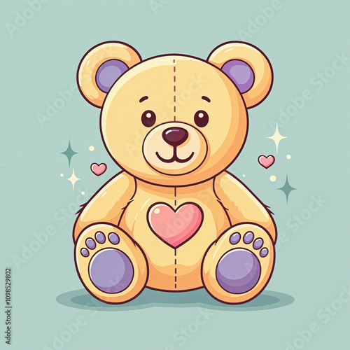 Glowing Pastel Yellow Teddy Bear Icon with Pink Heart and Lavender Accents