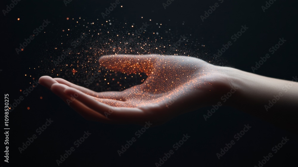 Fototapeta premium Hand Projecting Abstract Hologram in Dark Studio Lighting