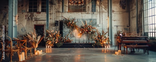 A creative space with walls adorned with colorful graffiti, styled for an event with floral arrangements and warm lights, creating an artistic and inviting atmosphere photo