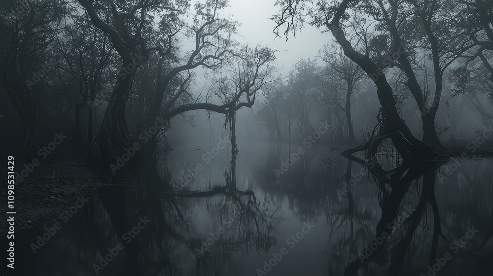 Obraz premium Enigmatic Swamp Scene: Twisted Trees Shrouded in Thick Fog Reflecting in Dark Water, Creating an Atmosphere of Mystery and Intrigue