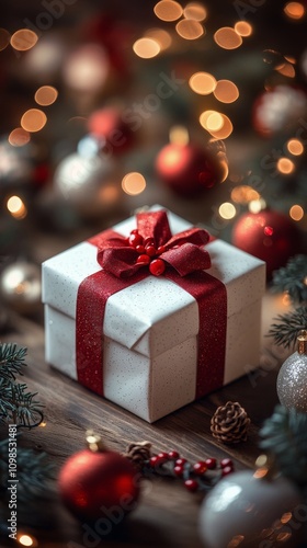 Creative holiday gift arrangement with red ribbon and festive decorations