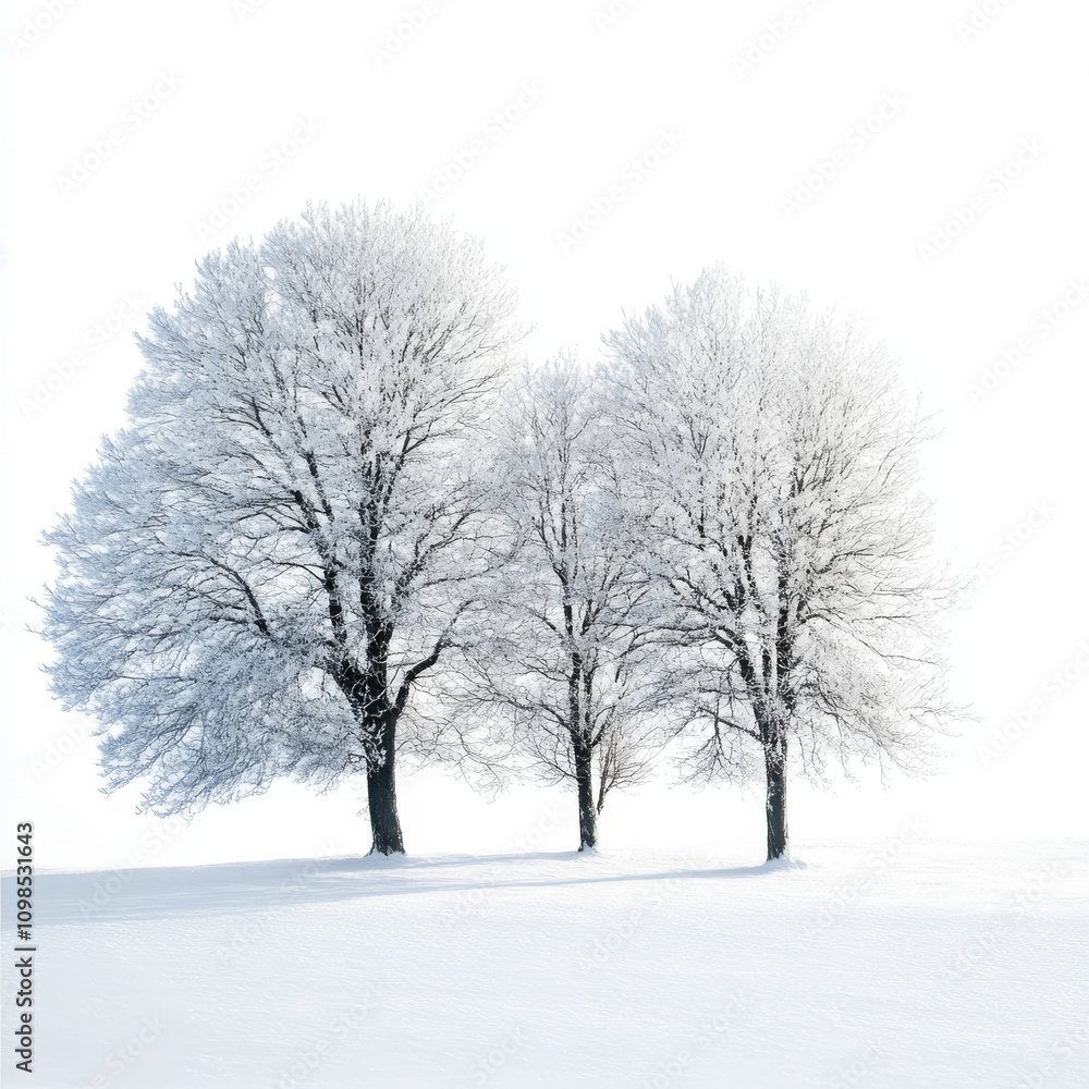 Fototapeta premium Three snow-laden trees stand majestically in a tranquil winter landscape, creating a serene and peaceful scene.